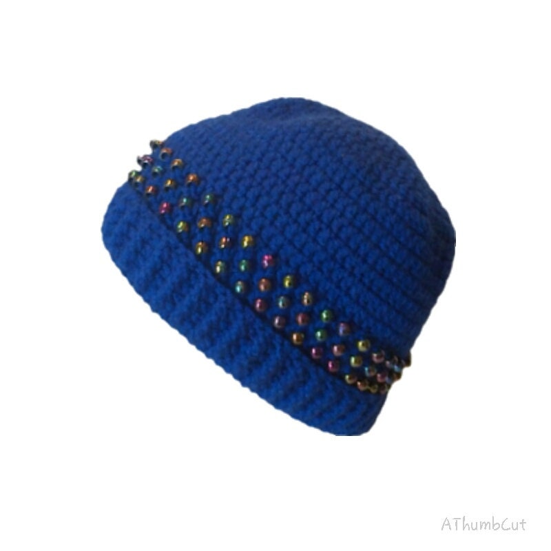 Womes blue beaded handmade crocheted winter hat with cuff