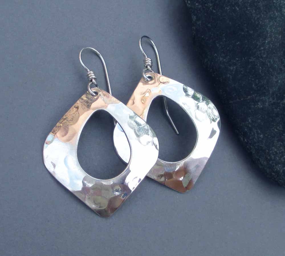 Hammered Sterling Silver Dangle Earrings Abstract Teardrop