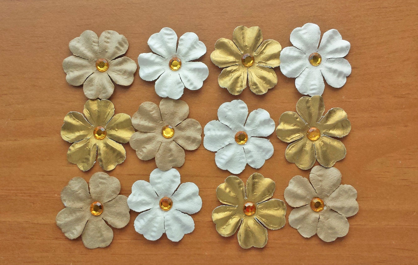 12 Paper Flowers Scrapbook Flowers White Tan and by rachaelsscraps
