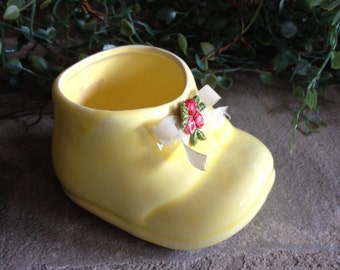 Vintage Ceramic Baby Shoe Yellow Planter w/ Flower Applique - #4395