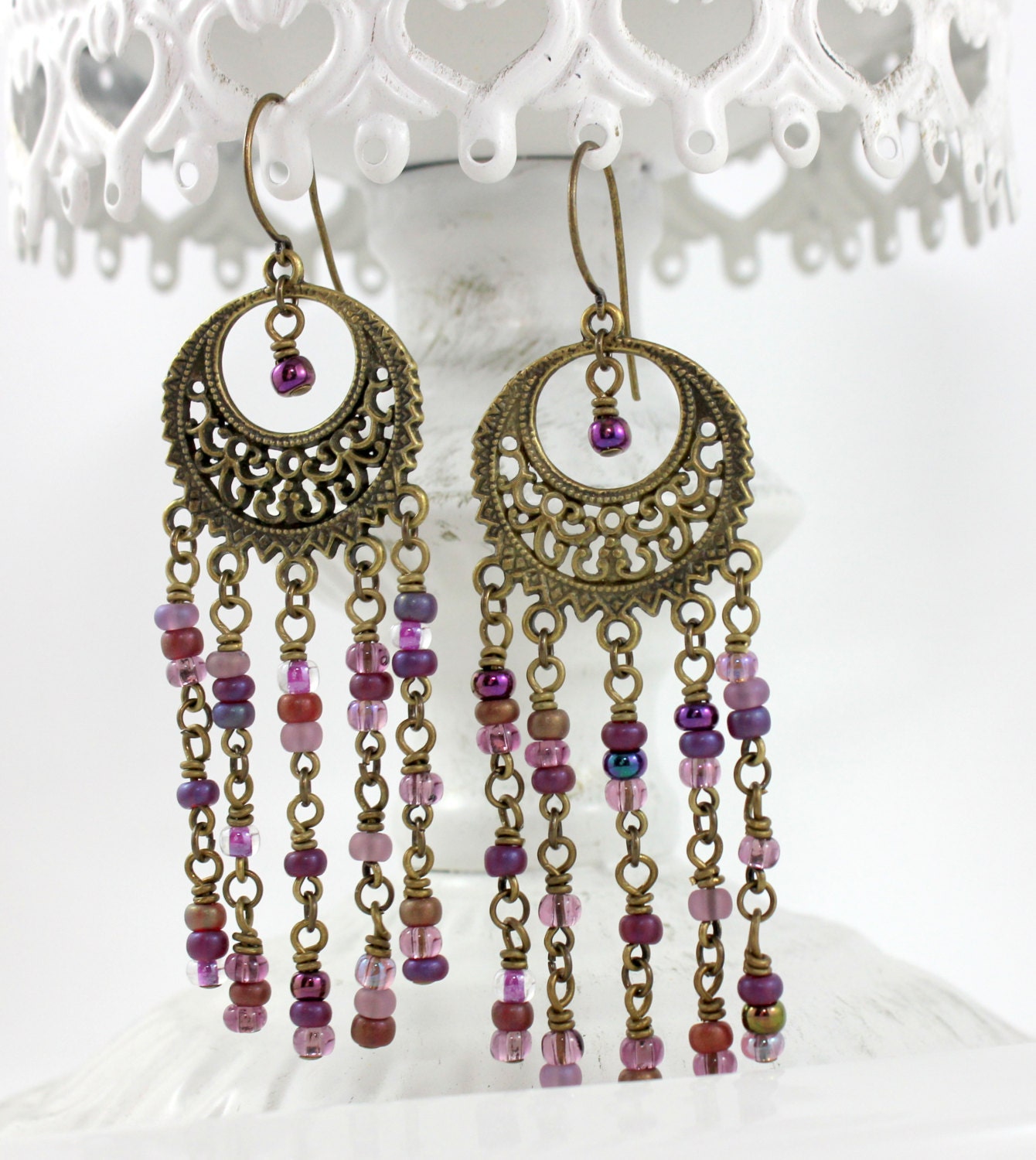 Beaded Boho Chandelier Earrings Purple By Downtownglam On Etsy