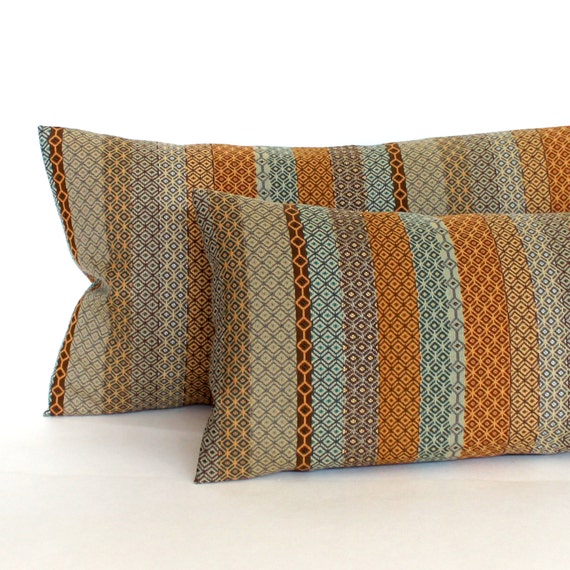 Decorative Rust Teal Striped Upholstery Accent Oblong Throw Pillow ...