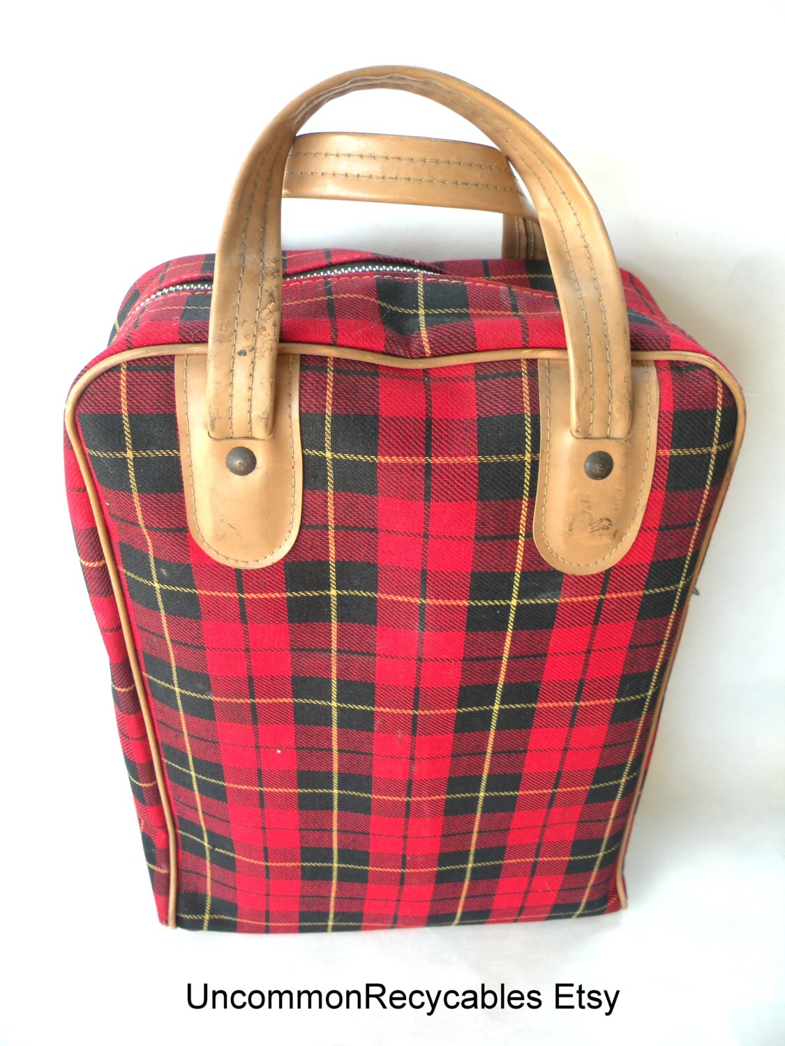 Vintage Lunch Bag Box with Thermos Red Plaid Print Travel Dog