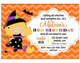Girl's Halloween Birthday Party Invitation Printable or Printed with FREE SHIPPING - - ANY Hair Color- Flying Witch Collection