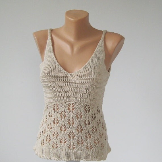 Vintage Knitted Beige Top / Bustier / Vest Sexy Lace Knit