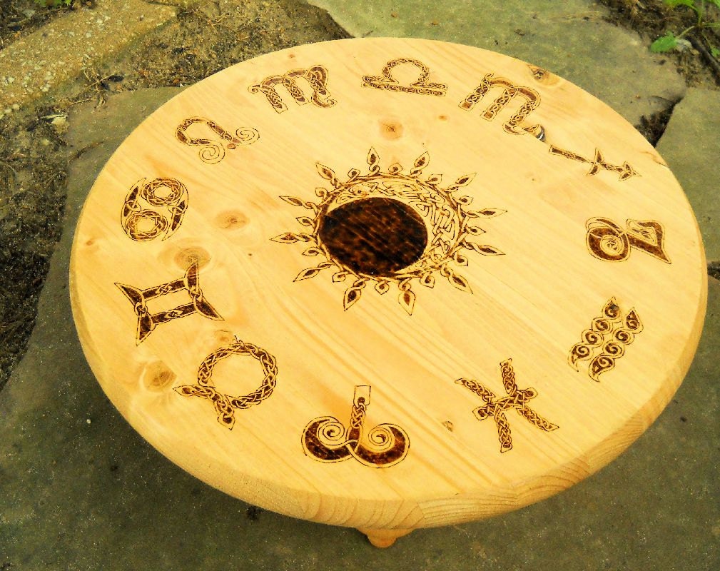 wood burned celtic zodiac table wood burned altar zodiac wood burned celtic zodiac table wood burned altar zodiac