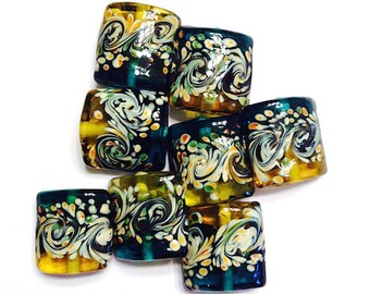 Lampwork Beads, Glass Beads, 15mm Blue Gold Square Beads, 10 pieces