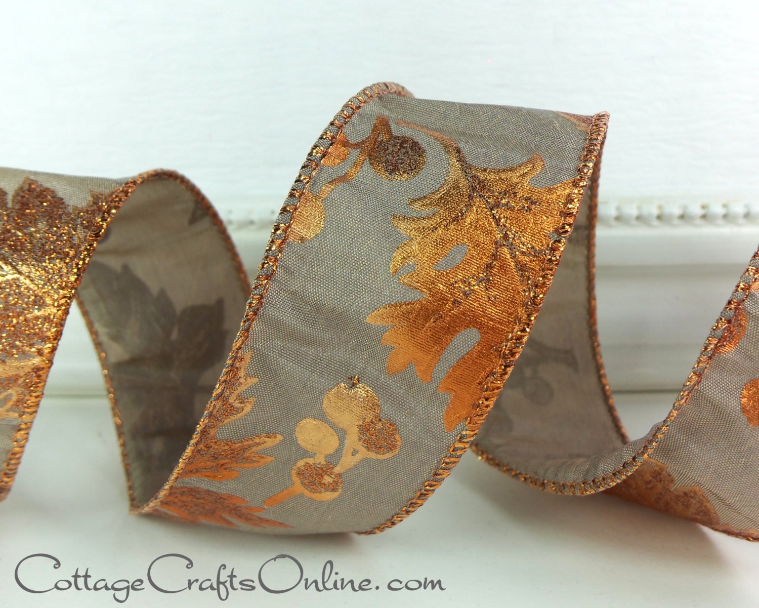 Fall Wired Ribbon 1 1/2 Copper Orange Leaf Metallic