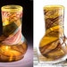Hand Blown Art Glass Vase - Brown Gold and Ruby Stripes with a Tall "Chimney" Shape