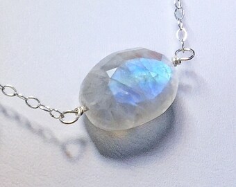 Silver Blue Moonstone Necklace, Gemstone Necklace, Moon Stone Shimmer