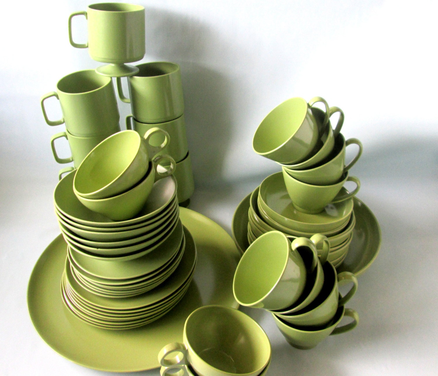 Vintage Melamine Dishes Sage Green Cups, Bowl, Saucers, Plates, and