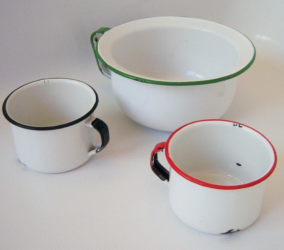 Set of Three Enamel Ware Enamelware Dishes Cups and Bowl / Pot