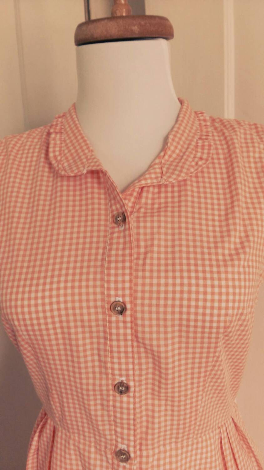 Peach Gingham Shirtwaist Dress/ White and Peach Checked Button