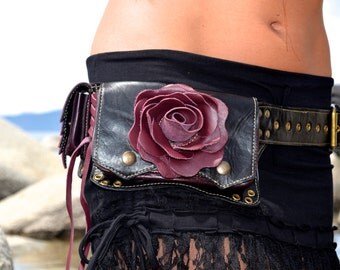 Sale Purple leather Rose utility belt/ pocket belt/ beltbag/ fannypack/travel bag