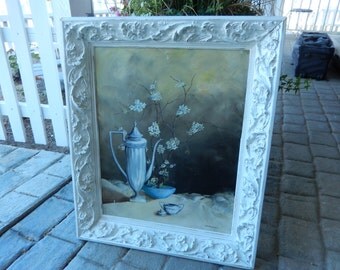 Painting on Canvas - White Shabby Frame - Carved Wood Frame - Cottage Style Frame - Large Shabby Frame - Large Vintage Frame