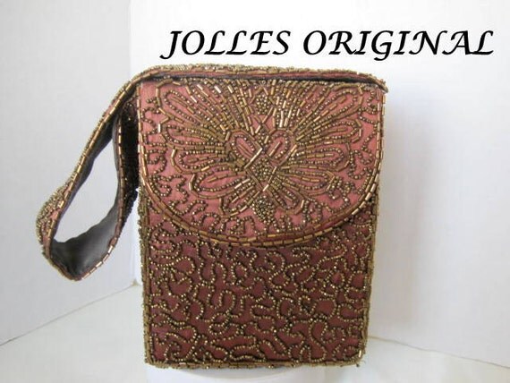 Gold Beaded Evening Purse - Signed Jolles Original - Hand Beaded Bronze Bag