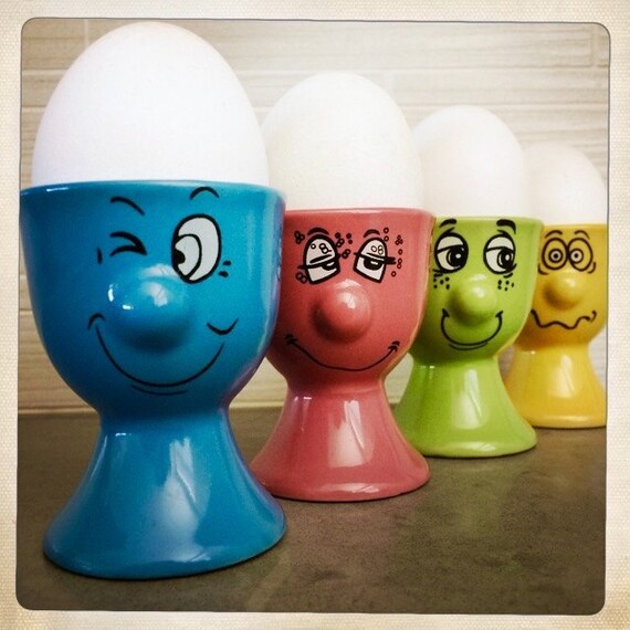 WACKY Vintage Retro 60s Egg Cups with Crazy Faces Mid Century