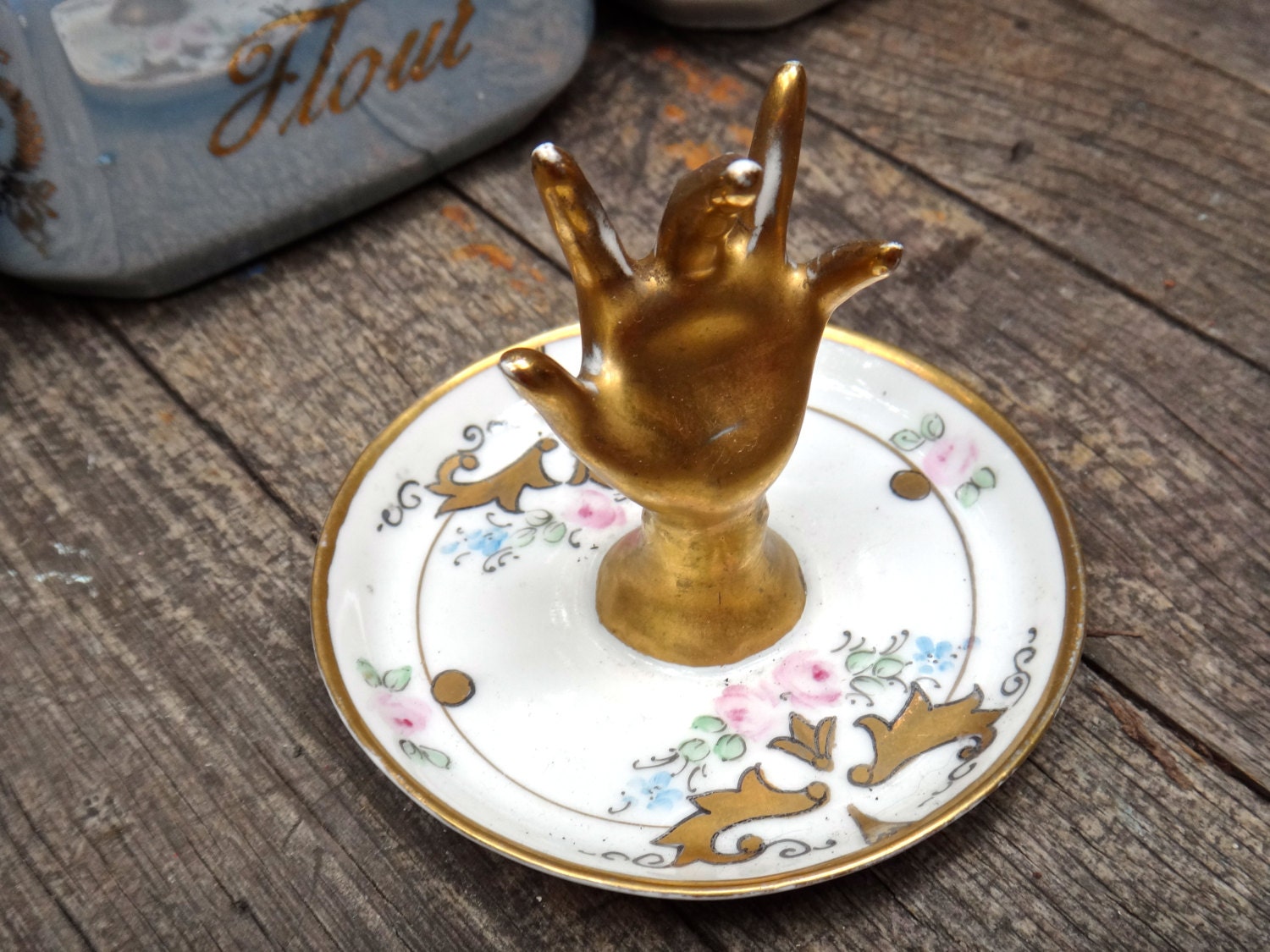 Porcelain Hand Gold Ring Holder Bavaria Gold Floral Hand