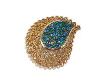 Vintage Rhinestone Filigree Paisley Brooch or Sweater Pin Signed Karu Arke