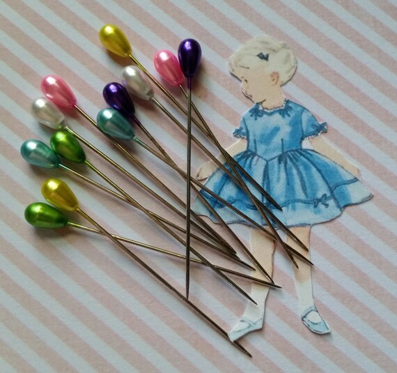 2 Dozen Shiny Vintage Bright Colorful Sewing Stick Pins Faux