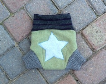 Cloth Diaper Cover/Soaker/Shorties/Nappy Cover - Green and Grey with a Star Applique - Size Medium