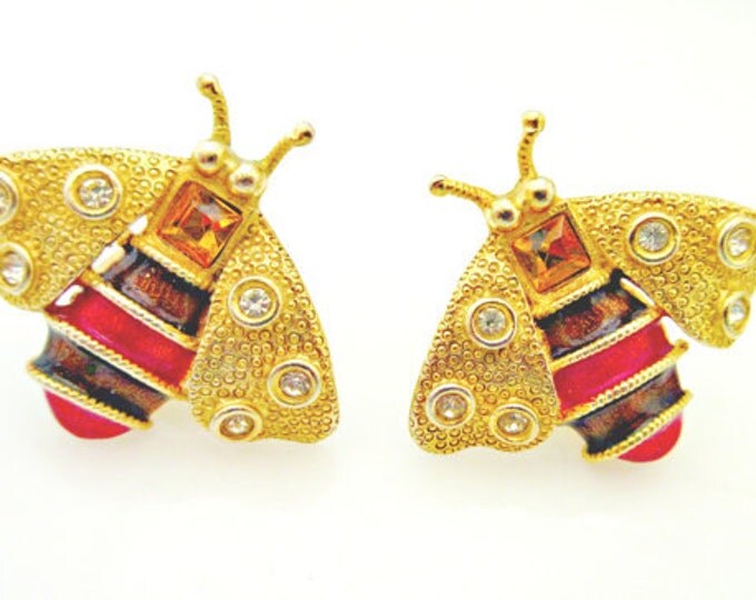 Bumble Bee Earrings -Gerald Yosca - chunky gold Insect - brown maroon enameling - rhinestones -clip on earring