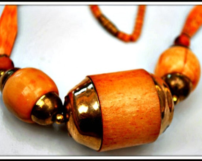 Boho Necklace Chunky Brass and Orange Bone bead Hippie Funky Tribal necklace