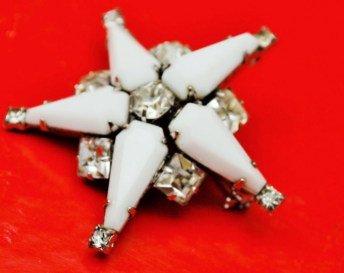 Bellini Star Brooch - Large White Milk Glass - Clear Rhinestone - Signed - Mid Century pin