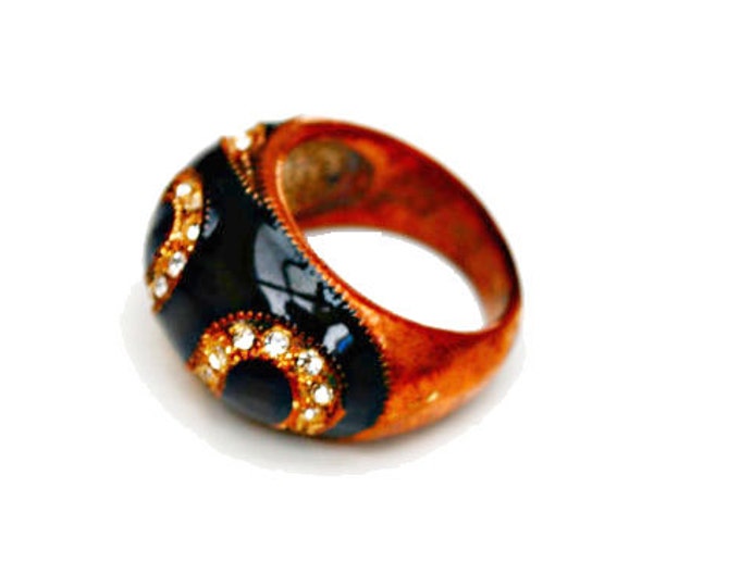Copper Ring - Black Enamel - Clear Rhinestone - Swirl size 7 Ring