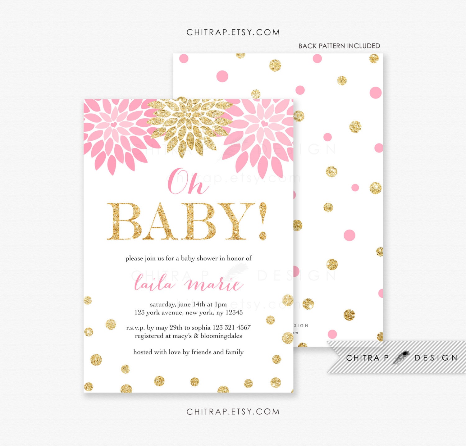 Pink Gold Baby Shower Invitation Printed Oh Baby Floral