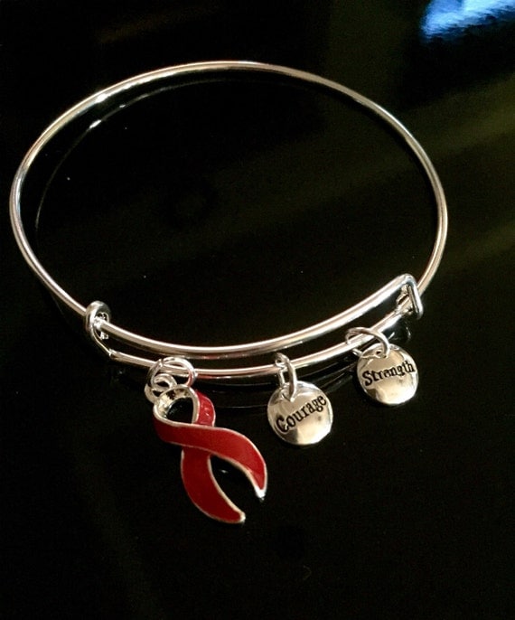 Red Ribbon Charm Bracelet Adjustable Silver Wire HIV Aids