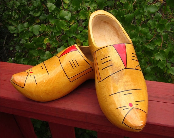 Vintage Hand Painted Wooden Dutch Shoes Large