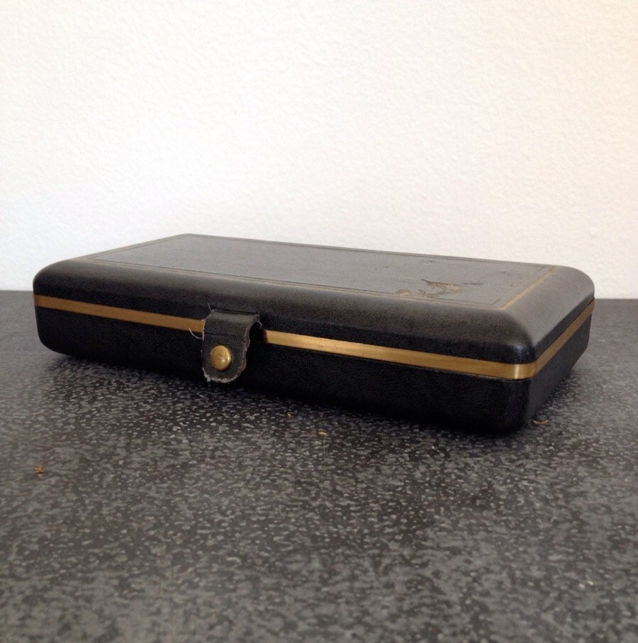 Vintage Hickok Navy Leather Men’s Jewelry Case Fly Fishing Motif