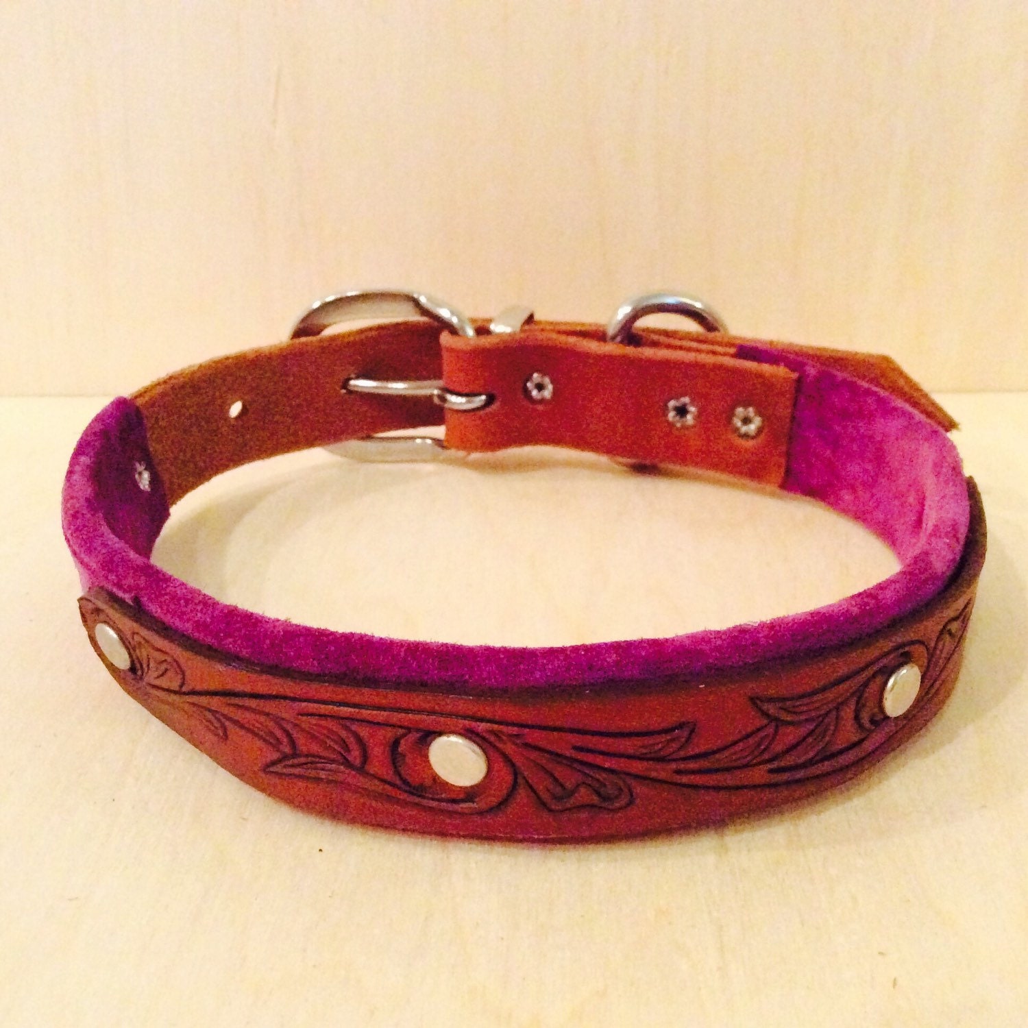 Handmade Leather Dog Collar with HandTooled Vine Pattern and