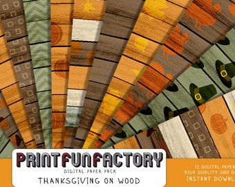 Thanksgiving digital paper - 12 digital Thanksgiving patterns on wood papers (#169) INSTANT DOWNLOAD