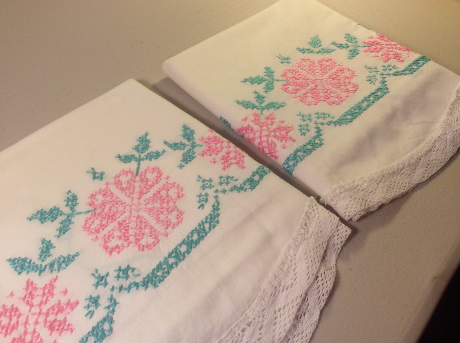 Vintage Embroidered Pillowcases In Pink and Turquoise Pink