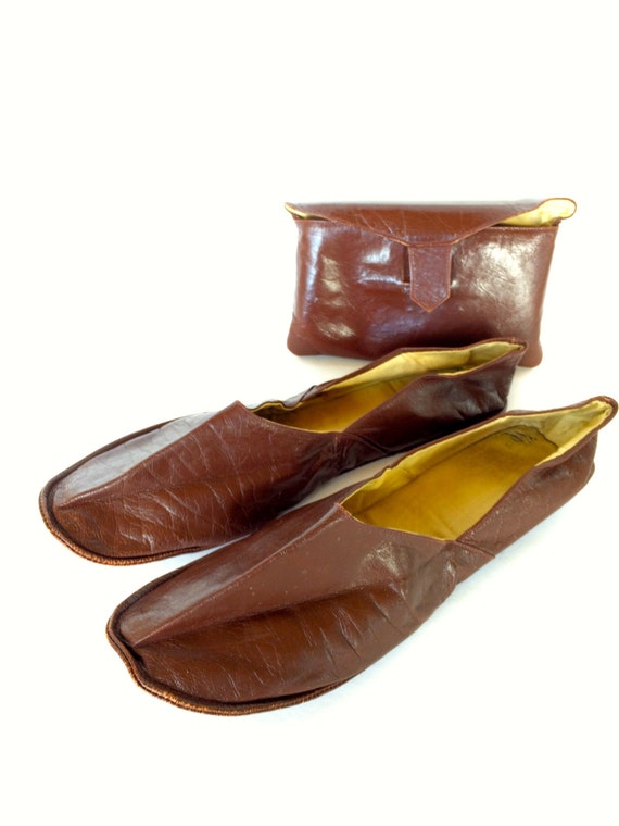 Items similar to Travel Slippers Leather Compact Folding Travel Shoes Leather Slippers in Case