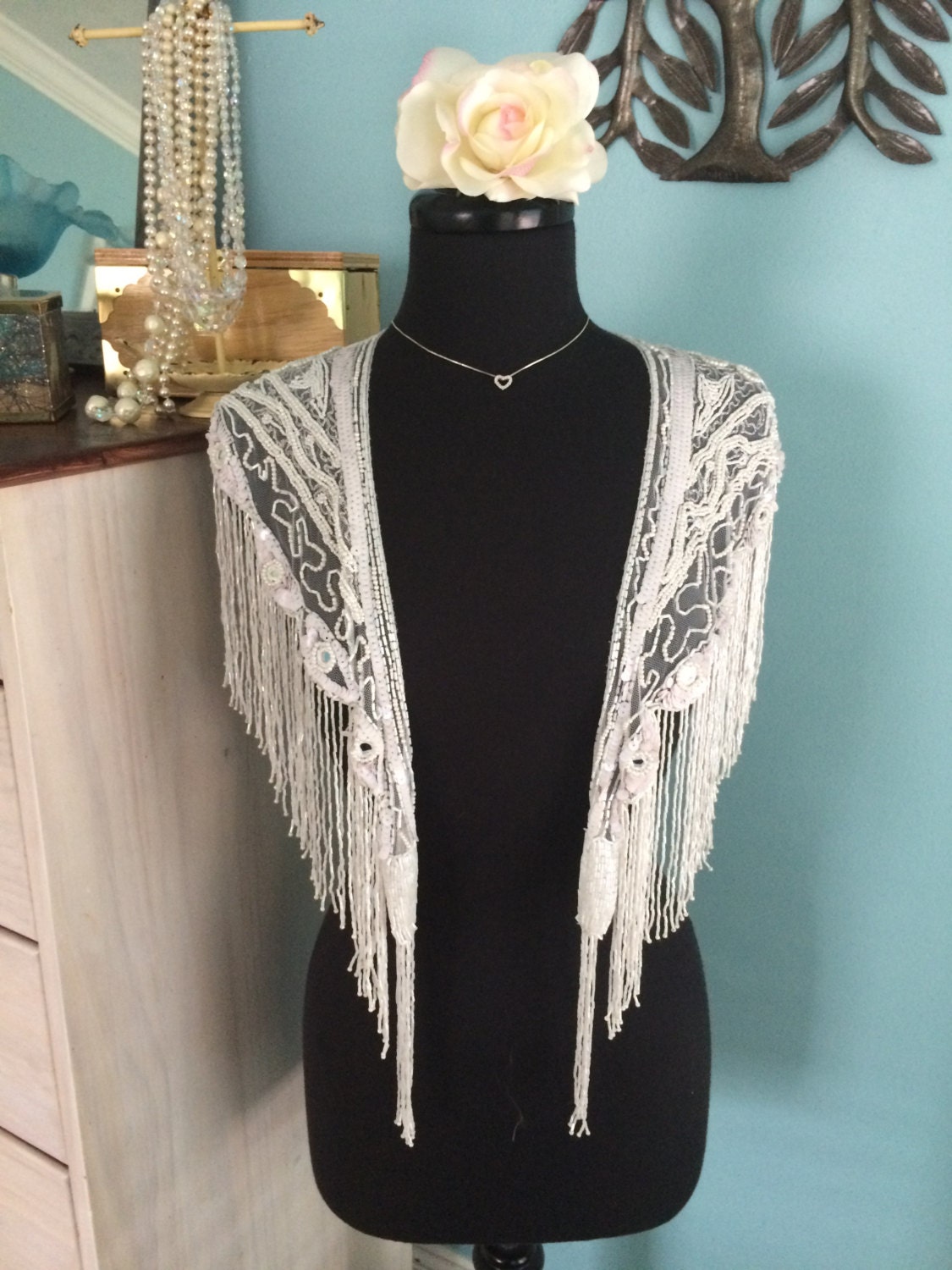 White bead and sequin fringe shawl