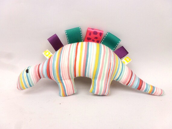 Dinosaur plush, small handmade stripy soft toy dinosaur,first baby toy, travel toy,baby christening gift baby shower gift made in UK
