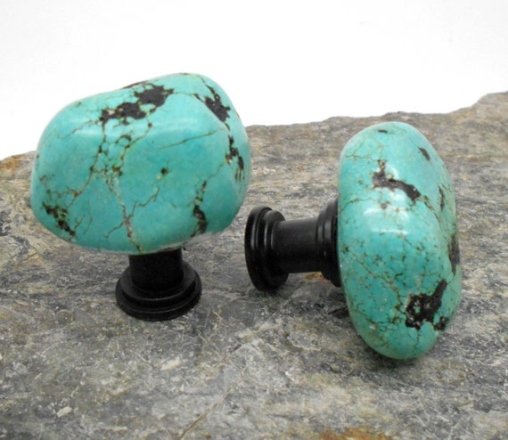 Chunky Turquoise Stone Cabinet Knobs - Set of 2, Cabinet Knob, Fixture, Drawer Pull, Turquoise, Stone, Nugget, Kitchen, Bathroom, Southwest