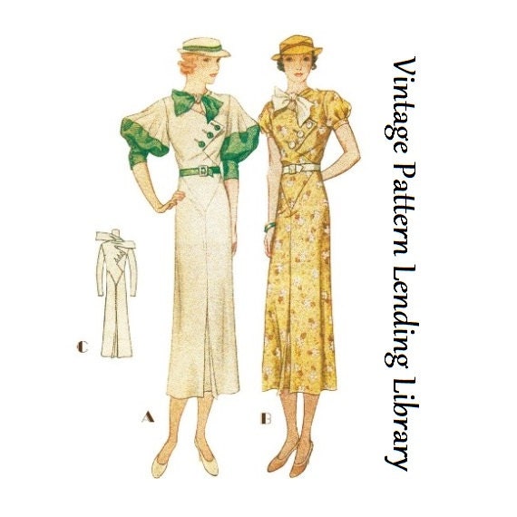 1933 Ladies Day Dress With Puff Sleeve Option Reproduction