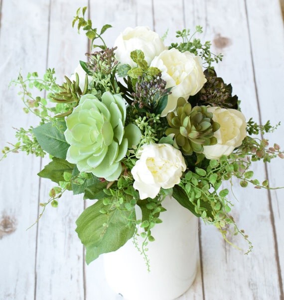  Natural  Touch Succulents and English Roses Silk Arrangment