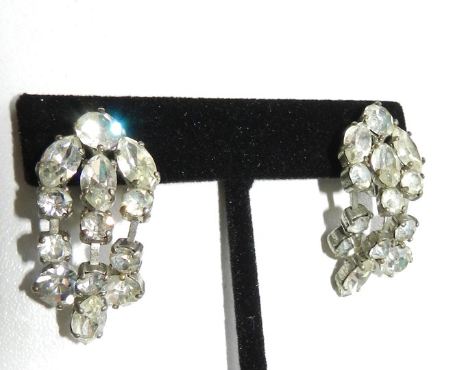 50s Juliana Open Back D & E Clear Rhinestone Diamante Dangle Drop Clip On Earrings Vintage Jewelry Jewellery