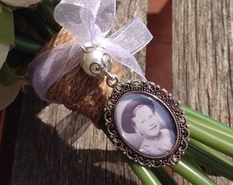 Pearl - Bridal Bouquet Photo Charm, Memorial Charm, Silver or Antique Bronze Charm , 25x18 Photo