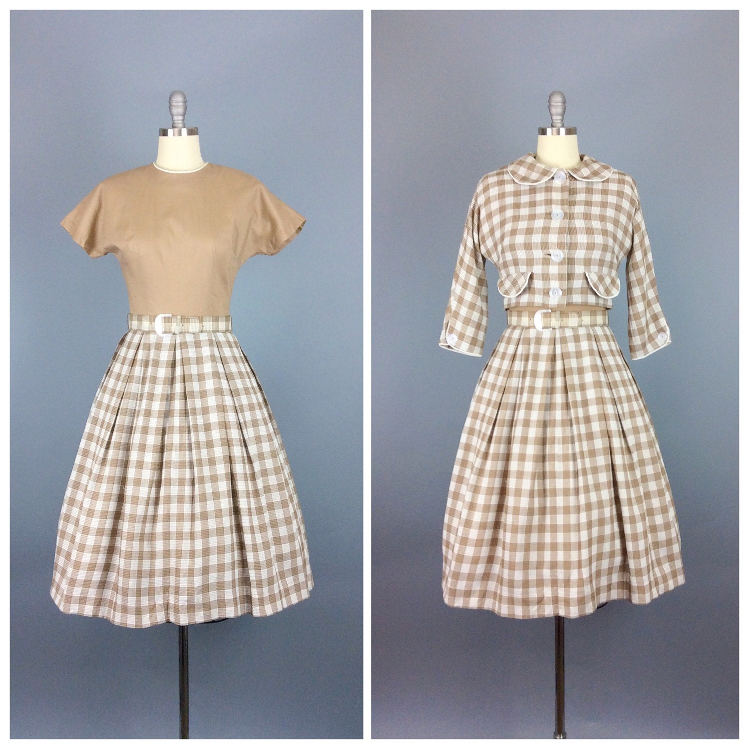 50s Brown & White Checkered Dress and Jacket / 1950s Vintage Cotton Day ...