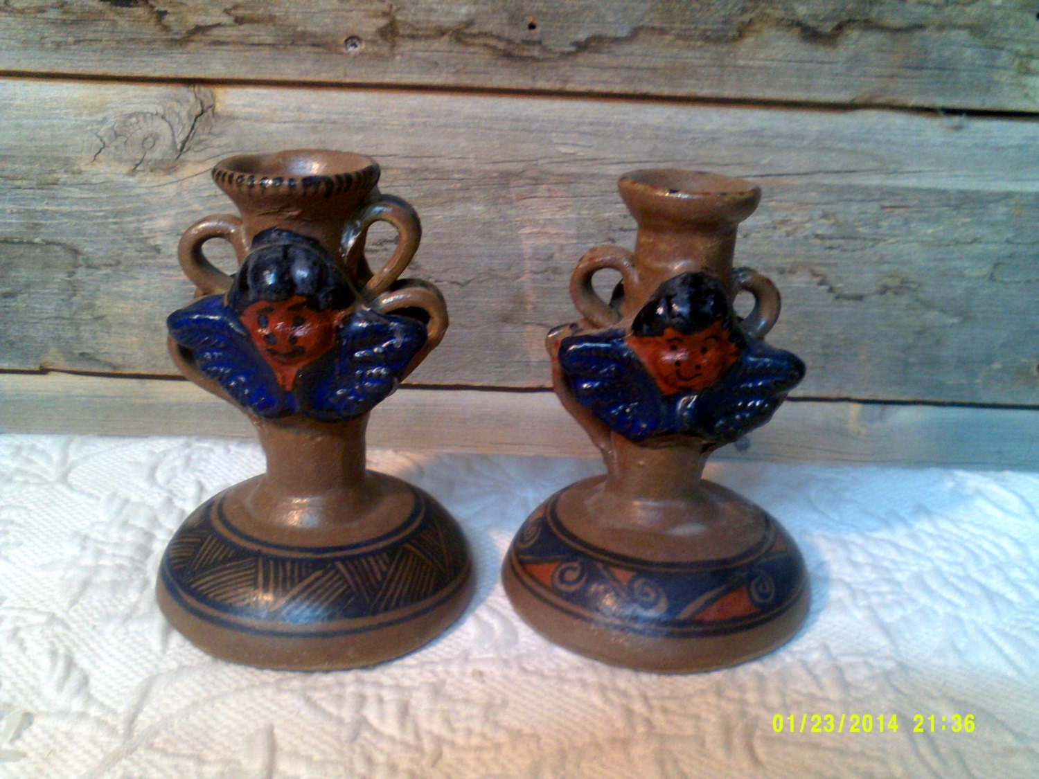 Vintage Pair of Mexican Pottery Candle Holders Pottery Candle