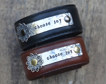 Choose Joy leather cuff bracelet, today i choose joy, Philippians 4:4, Metal stamped, inspirational Bible verse, Love Squared Designs