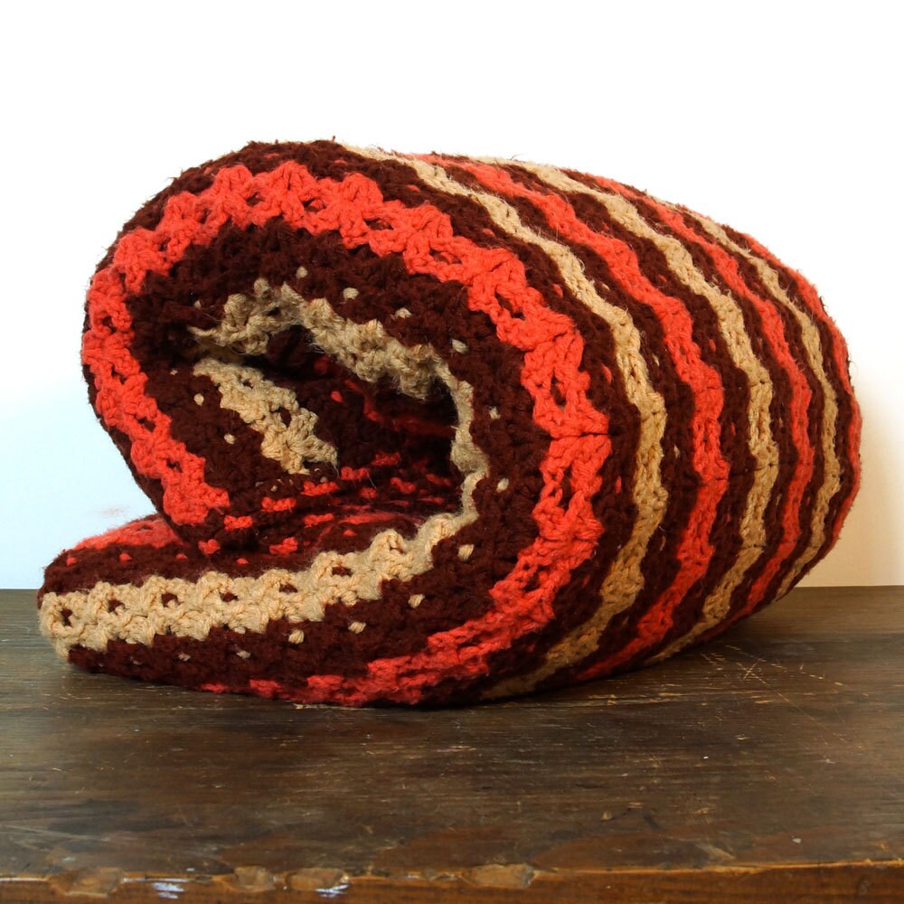 60s Hand Knit Stripe Afghan / Vintage Handmade Blanket in