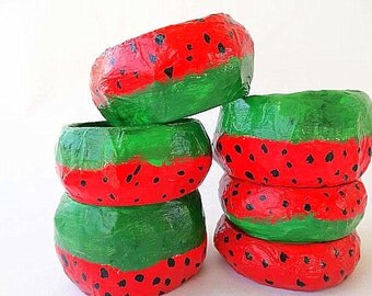 papier mache,bracelet, bangle,free shipping,watermelon,paper jewelry,red,green,black,everyday jewelry,gift for her,summer bracelet.