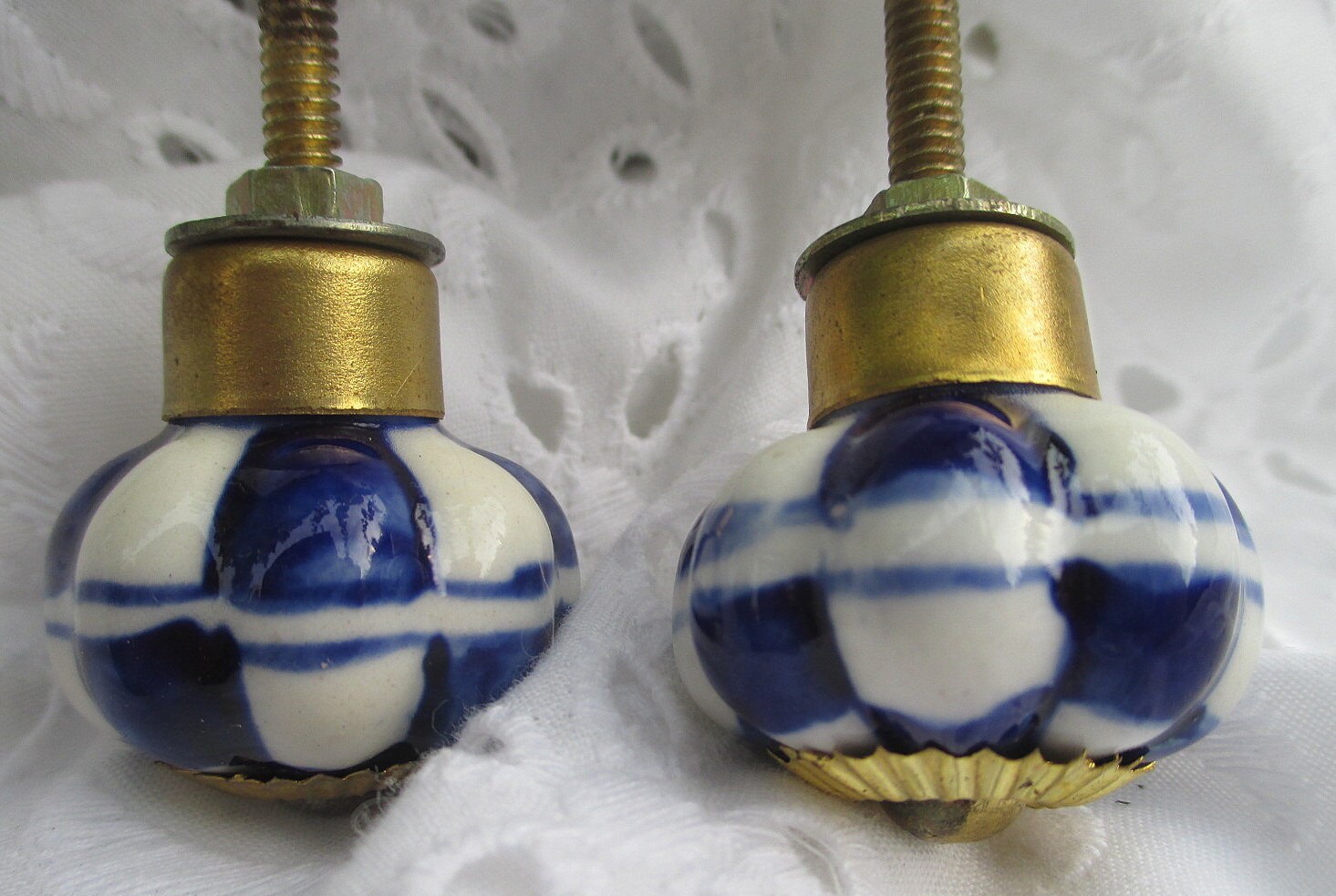 Antique Drawer, Desk Knobs, Drawer HArdware, Cobalt Blue and White Ceramic, Set of Two